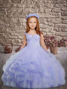 Dazzling Tulle Straps Sleeveless Brush Train Lace Up Beading and Appliques and Ruffles Pageant Gowns For Girls in Lavend