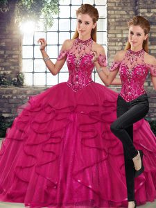 High End Sleeveless Tulle Floor Length Lace Up Sweet 16 Dresses in Fuchsia with Beading and Ruffles