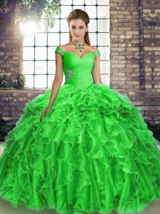 Free and Easy Sleeveless Organza Brush Train Lace Up 15th Birthday Dress in Green with Beading and Ruffles