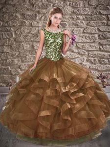 Customized Brown Sleeveless Tulle Lace Up Ball Gown Prom Dress for Military Ball and Sweet 16 and Quinceanera