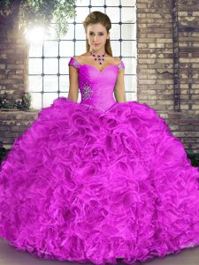 Customized Lilac Ball Gowns Off The Shoulder Sleeveless Organza Floor Length Lace Up Beading and Ruffles Quince Ball Gow