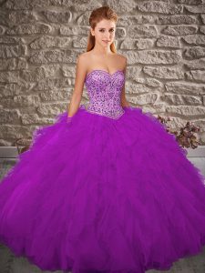 Purple Sweetheart Lace Up Beading and Ruffles 15 Quinceanera Dress Sleeveless