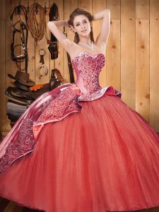 Sleeveless Satin and Tulle Brush Train Lace Up 15th Birthday Dress in Rust Red with Beading and Embroidery
