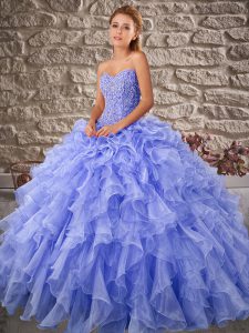 Pretty Lavender Ball Gowns Beading and Ruffles 15 Quinceanera Dress Lace Up Organza Sleeveless