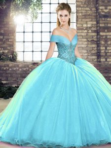 Brush Train Ball Gowns Sweet 16 Dresses Aqua Blue Off The Shoulder Organza Sleeveless Lace Up