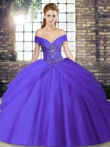 Purple Sleeveless Brush Train Beading and Pick Ups 15 Quinceanera Dress