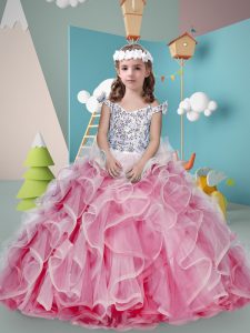 Glorious Coral Red Sleeveless Floor Length Beading and Ruffles Zipper Little Girl Pageant Dress