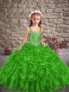 Amazing Ball Gowns Sleeveless Green Kids Pageant Dress Brush Train Lace Up