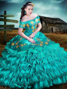 Extravagant Aqua Blue Ball Gowns Organza Off The Shoulder Sleeveless Embroidery and Ruffles Floor Length Lace Up Quincea