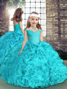 Attractive Aqua Blue Sleeveless Organza Lace Up Little Girls Pageant Gowns for Party and Wedding Party