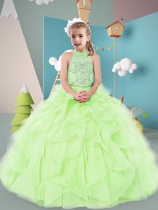 Halter Top Sleeveless Kids Pageant Dress Floor Length Beading and Ruffles Yellow Green Organza