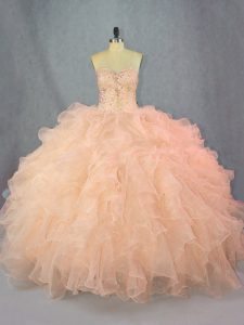 Custom Designed Peach Sweetheart Neckline Beading and Ruffles Quinceanera Dresses Sleeveless Lace Up