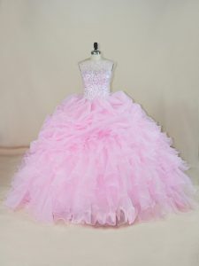 Decent Ball Gowns Sleeveless Pink Sweet 16 Dresses Brush Train Backless