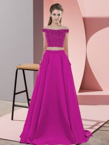 Fuchsia Two Pieces Elastic Woven Satin Off The Shoulder Sleeveless Beading Backless Prom Dresses Sweep Train