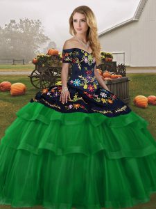 Simple Tulle Off The Shoulder Sleeveless Brush Train Lace Up Embroidery and Ruffled Layers Sweet 16 Dresses in Green