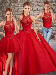 Colorful Red Tulle Lace Up High-neck Sleeveless 15th Birthday Dress Brush Train Beading