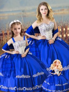 Beading and Embroidery Ball Gown Prom Dress Royal Blue Lace Up Sleeveless Floor Length