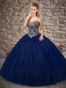 New Style Brush Train Ball Gowns Quinceanera Dress Royal Blue Sweetheart Tulle Sleeveless Lace Up