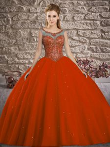 Adorable Rust Red Ball Gowns Tulle Scoop Sleeveless Beading Floor Length Lace Up Vestidos de Quinceanera