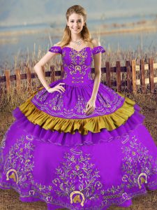 Romantic Ball Gowns Vestidos de Quinceanera Purple Off The Shoulder Satin and Organza Sleeveless Floor Length Lace Up