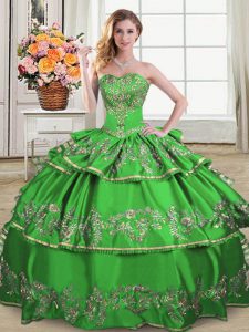 Sophisticated Green Ball Gowns Sweetheart Sleeveless Satin and Organza Floor Length Lace Up Ruffled Layers Quinceanera G
