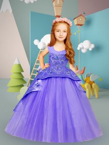 High Quality Scoop Sleeveless Brush Train Lace Up Child Pageant Dress Lavender Satin and Tulle