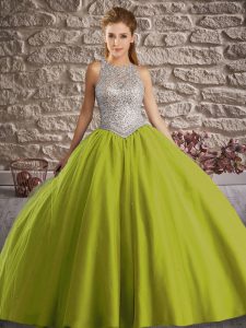 Olive Green Sleeveless Tulle Brush Train Backless Ball Gown Prom Dress for Military Ball and Sweet 16 and Quinceanera