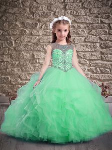 Attractive Sleeveless Tulle Sweep Train Lace Up Pageant Gowns For Girls in Apple Green with Beading and Ruffles