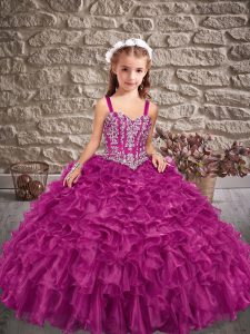 Sleeveless Organza Brush Train Lace Up Child Pageant Dress in Fuchsia with Beading and Ruffles