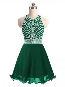 Green A-line Halter Top Sleeveless Chiffon Mini Length Lace Up Beading Dress for Prom