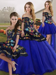 Royal Blue Sleeveless Floor Length Embroidery Lace Up Vestidos de Quinceanera