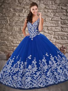 Royal Blue Lace Up V-neck Appliques Quinceanera Gowns Tulle Sleeveless Brush Train