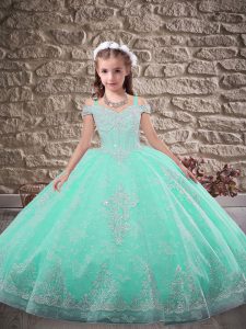 Beauteous Apple Green Sleeveless Beading and Appliques Lace Up Child Pageant Dress