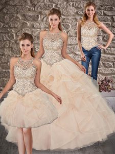 New Style Champagne Three Pieces Scoop Sleeveless Tulle Brush Train Lace Up Beading and Ruffles Quinceanera Dress