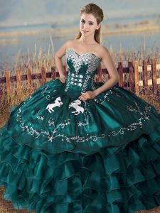 Elegant Peacock Green Ball Gowns Satin and Organza Sweetheart Sleeveless Embroidery and Ruffles Floor Length Lace Up Qui
