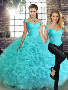 New Style Aqua Blue Lace Up Off The Shoulder Beading Quinceanera Dress Fabric With Rolling Flowers Sleeveless