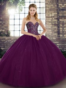 Perfect Dark Purple Sleeveless Tulle Lace Up Quince Ball Gowns for Military Ball and Sweet 16 and Quinceanera