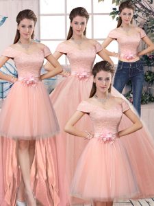 Pink Ball Gowns Lace and Hand Made Flower Quinceanera Gown Lace Up Tulle Short Sleeves Floor Length