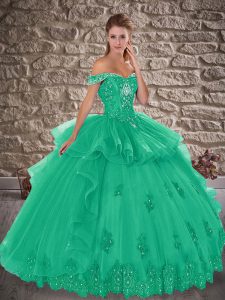 Hot Selling Turquoise Lace Up Off The Shoulder Beading and Lace Ball Gown Prom Dress Tulle Sleeveless
