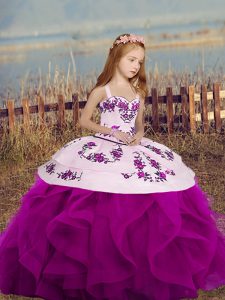 Hot Selling Embroidery and Ruffles Little Girls Pageant Dress Fuchsia Lace Up Sleeveless Floor Length