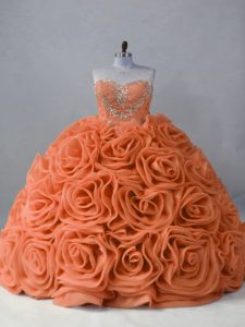 Exquisite Fabric With Rolling Flowers Sweetheart Sleeveless Brush Train Lace Up Beading Vestidos de Quinceanera in Orang