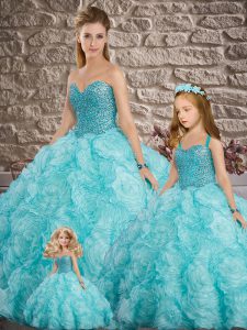 Sleeveless Beading Lace Up Quinceanera Gowns with Aqua Blue Brush Train