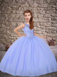 Lavender Tulle Lace Up Scoop Sleeveless Girls Pageant Dresses Sweep Train Beading