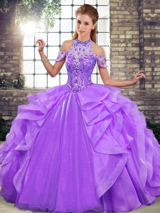 Halter Top Sleeveless Organza Quince Ball Gowns Beading and Ruffles Lace Up