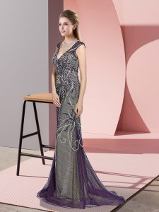 Stylish Purple Sleeveless Beading Zipper Prom Gown