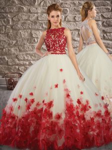 Best White And Red Two Pieces Tulle Scalloped Sleeveless Lace and Appliques Floor Length Backless Quinceanera Gowns