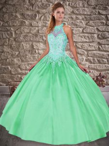 Hot Sale Satin Halter Top Sleeveless Brush Train Lace Up Embroidery Ball Gown Prom Dress in Apple Green