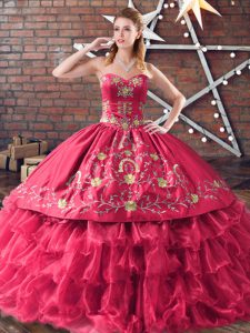 Red Sweetheart Lace Up Embroidery and Ruffled Layers Quinceanera Gowns Sleeveless