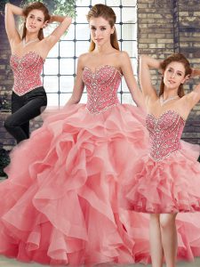 Custom Designed Watermelon Red Sleeveless Beading and Ruffles Lace Up Sweet 16 Dresses