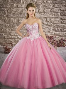 Glamorous Tulle Sweetheart Sleeveless Brush Train Lace Up Appliques Quinceanera Dress in Rose Pink